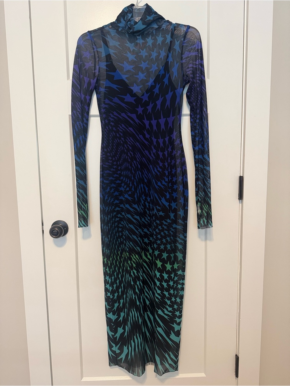 AFRM Sharlene turtleneck dress Sheer Star Spiral Midi Dress in Blue-Green - Picture 6 of 12